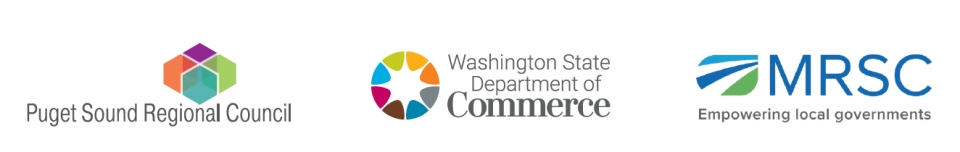 Logos for the Puget Sound Regional Council, Washington State Department of Commerce, and Municipal Research and Services Center. These organizations are the hosts of the Passport to 2044 series.